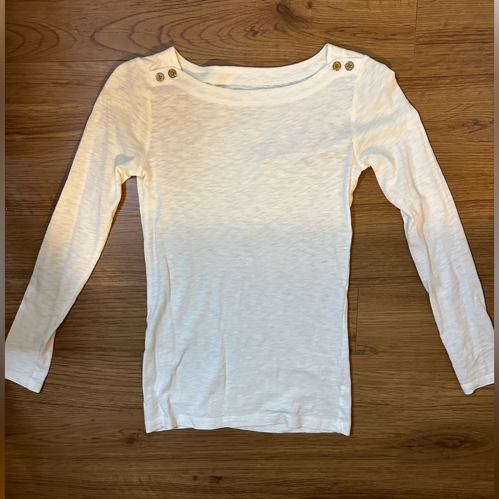 J. Crew White Boatneck Painter Long Sleeve T-Shirt with Gold Anchor Buttons XXS
